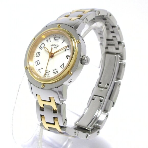 Auth HERMES Clipper Nacre CP1.221 3****** Rose Gold Silver Women's Wrist Watch - Picture 2 of 12